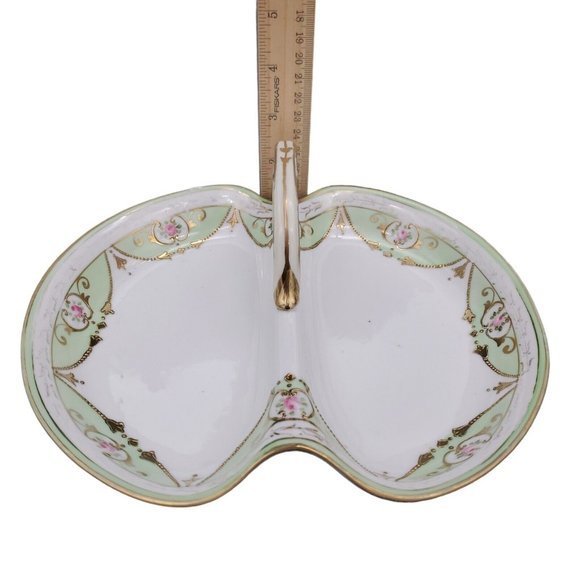 VTG Nippon Porcelain Handle Dish Basket Hand Painted Candy Dish Mint  White Gold - Picture 9 of 9